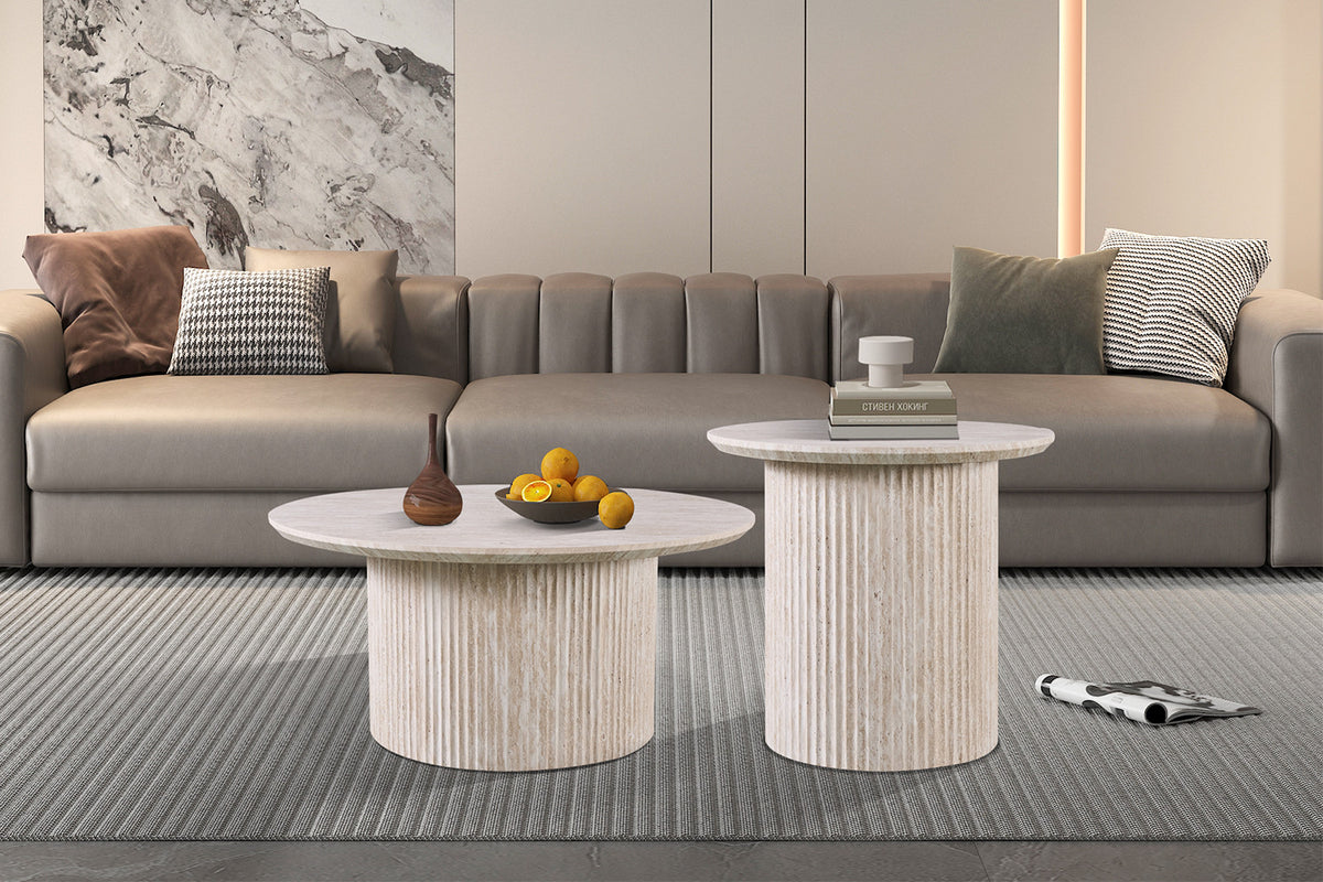 Table basse 'Lagos' 50 cm Ronde Décor Travertin Beige