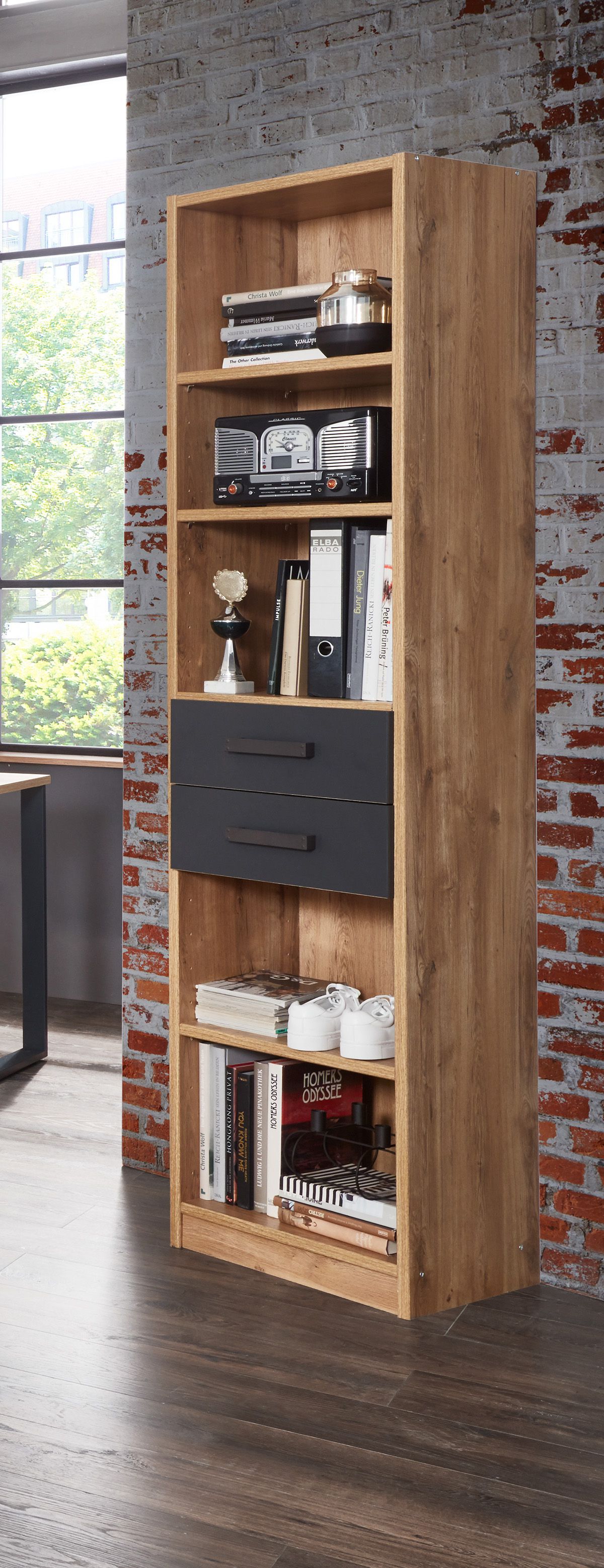 Image of Wimex - Boekenkast Liverpool - Donkere Eik/Grijs - 47x198x38cm. stoere boekenkast in dekor stijgereik/graphite; <br>Uw kind of tiener zal met deze mooie boekenka...