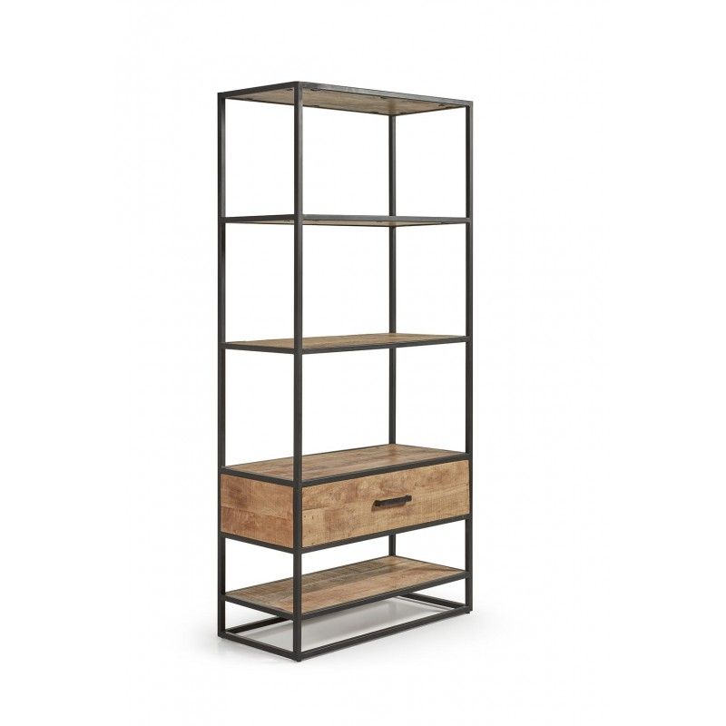 Image of Boekenrek Madurai - Massief - Mangohout/Zwart - 80x190x40cm. <span lang="de" xml:lang="de">Duurzaam boekenrek met n lade in massief mangohout. Afgewerkt met...