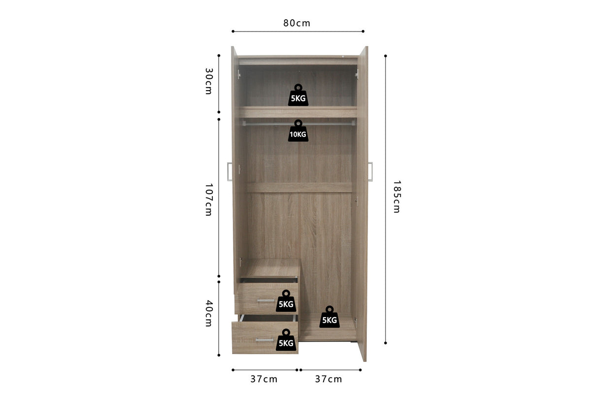 Armoire 'Marc' 2 portes avec miroir Sonoma