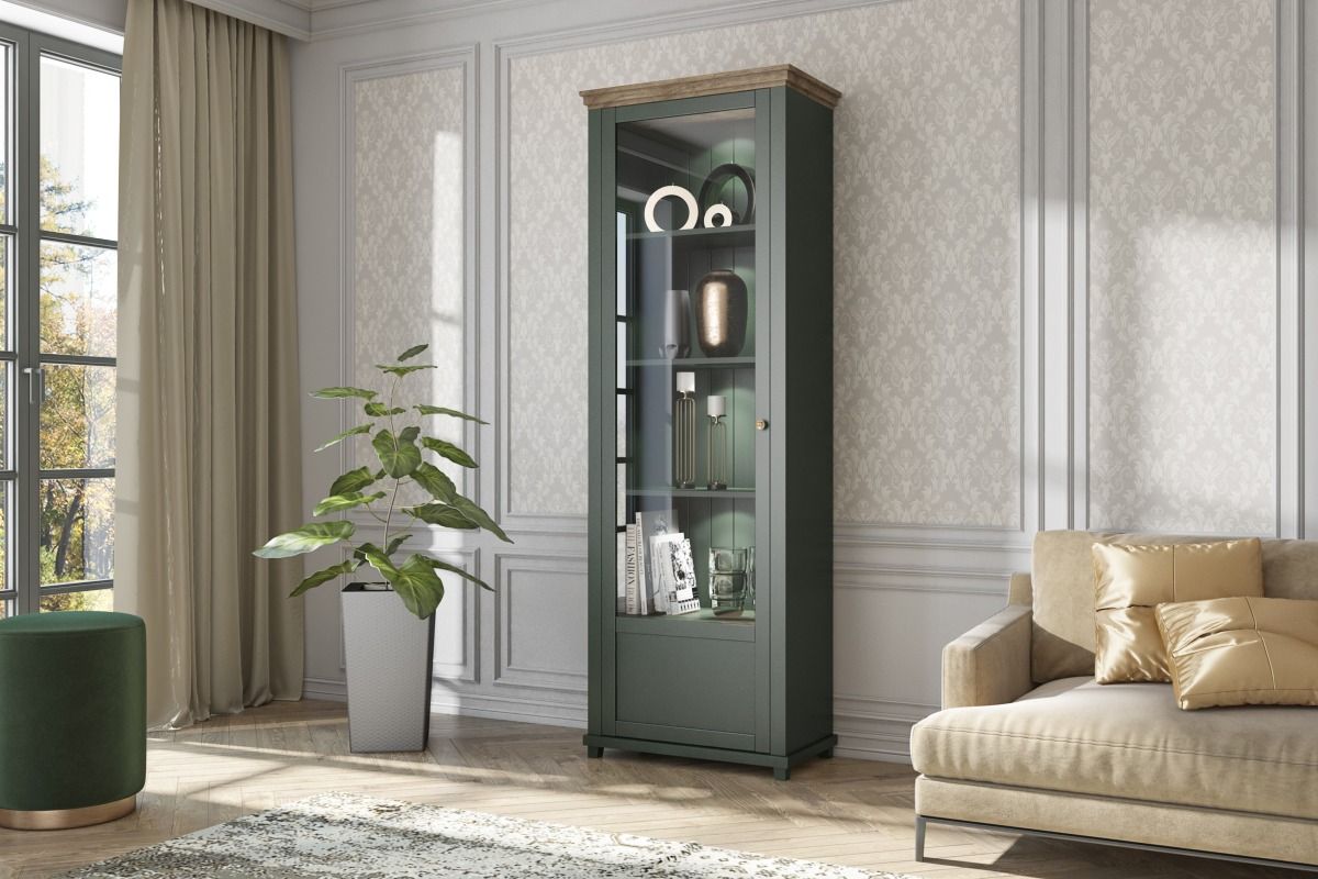 Image of HM - Kolomkastvitrine Evora L - Groen/Eik - 71x200x42cm.. Opzoek naar een uniek stuk in je living? Da nis deze kolomkast iets voor jou.
<!---->...