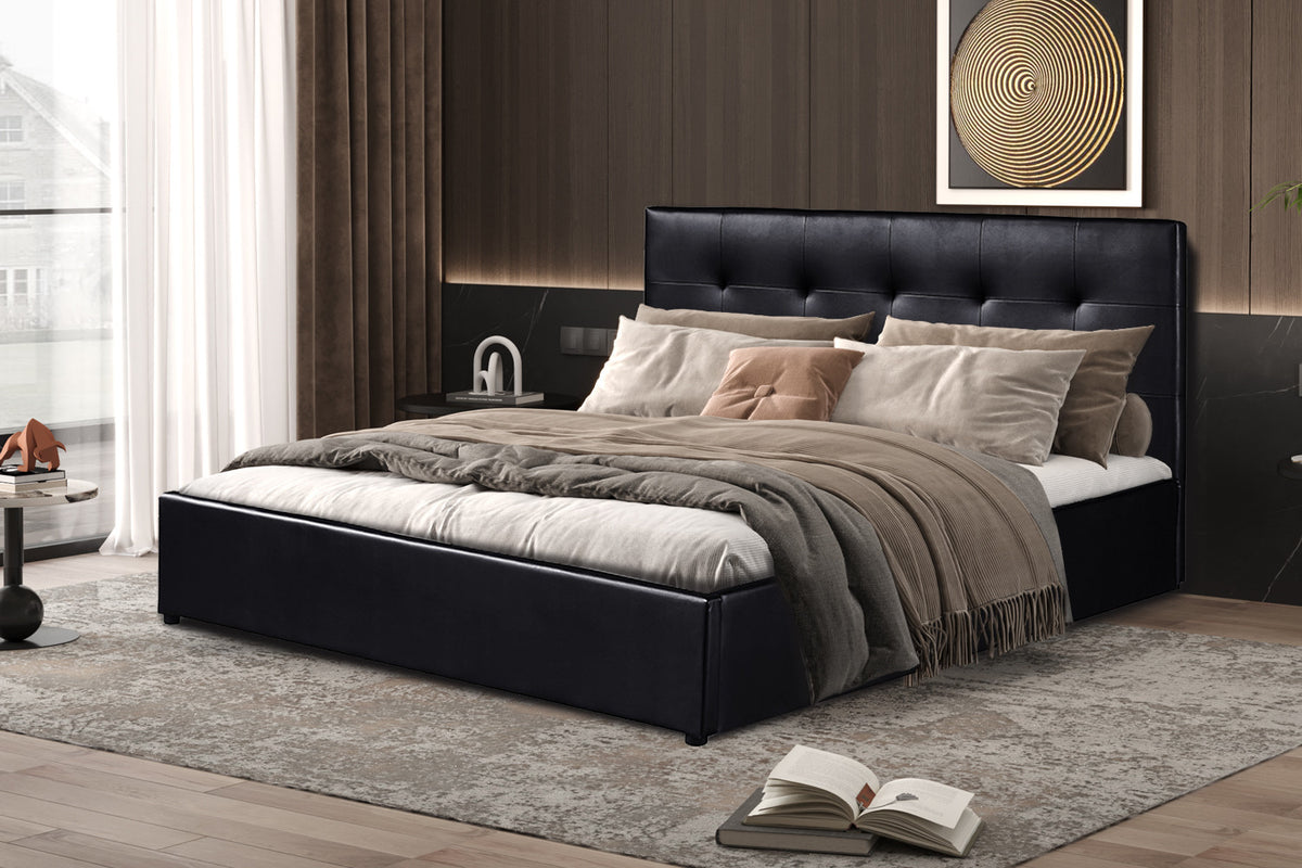 Tweepersoonsbed 'Porto' 160x200 met lattenbodem PU Zwart en opbergkoffer