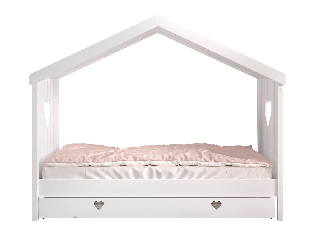 Cette combinaison AMORI se compose du lit cabane ouvert et du lit gigogne assorti.