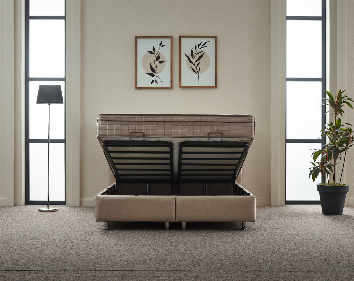 2BM - Boxspring Almi - Avec espace de rangement - Tissu - Taupe - 180x121x200cm