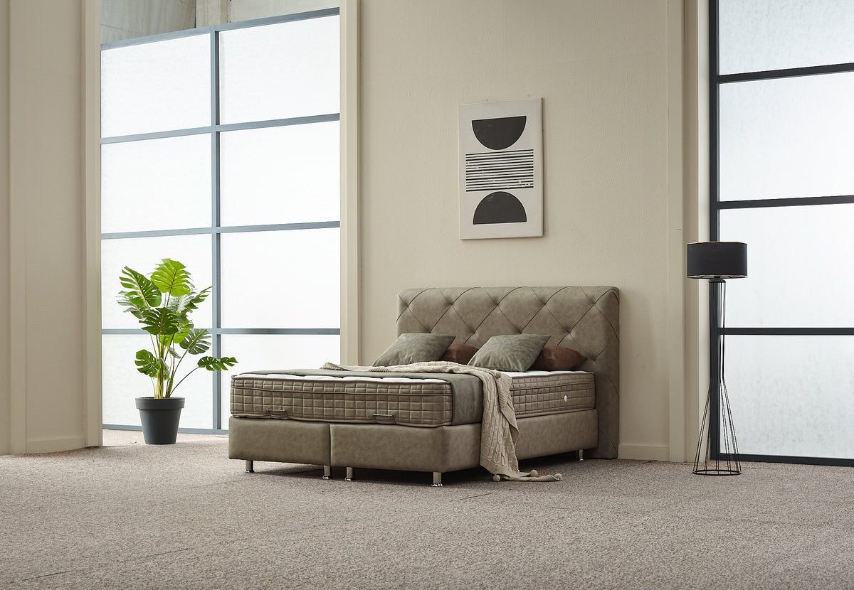 2BM - Boxspring Almi - Avec espace de rangement - Tissu - Taupe - 180x121x200cm