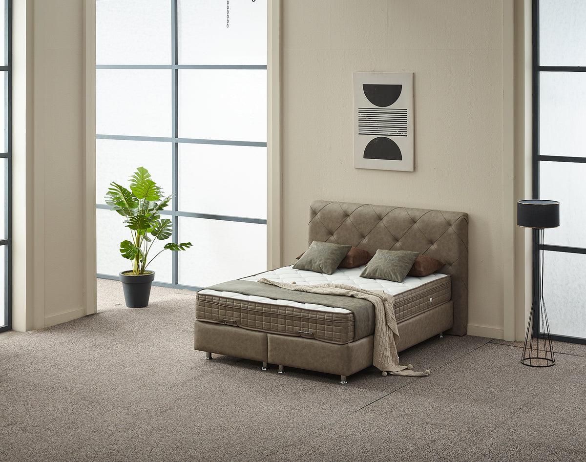 2BM - Boxspring Almi - Avec espace de rangement - Tissu - Taupe - 180x121x200cm