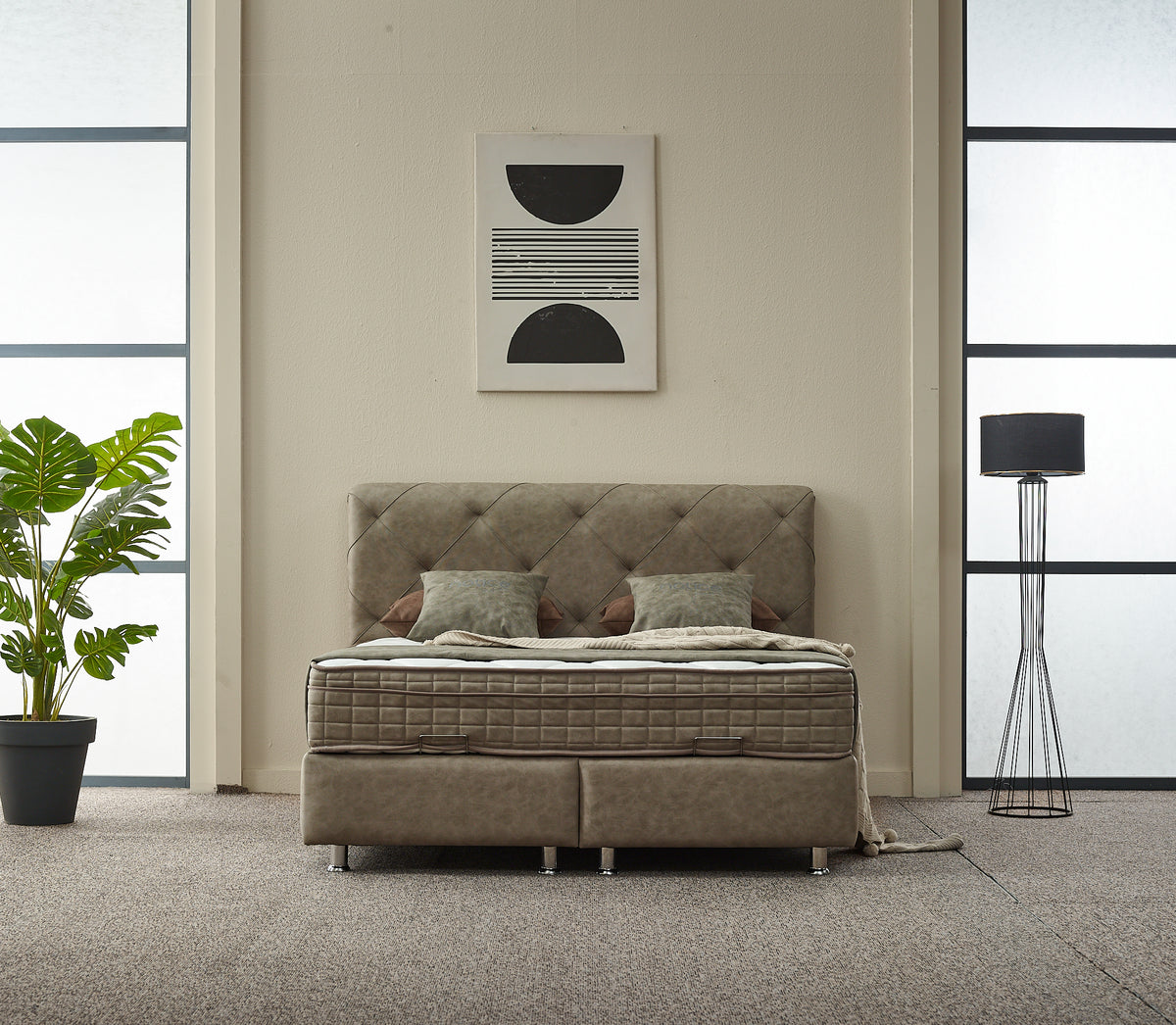 2BM - Boxspring Almi - Avec espace de rangement - Tissu - Taupe - 180x121x200cm