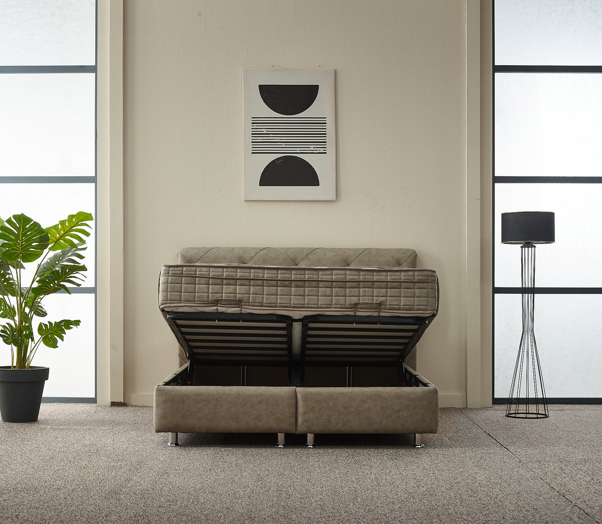 2BM - Boxspring Almi - Avec espace de rangement - Tissu - Taupe - 180x121x200cm