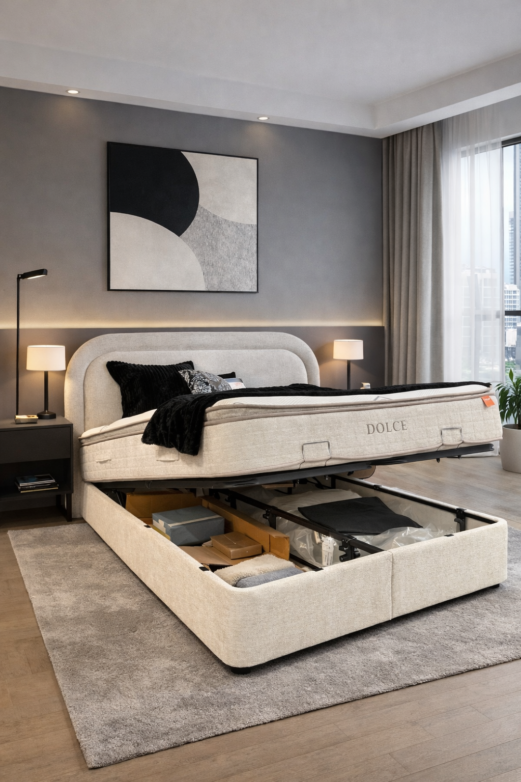 2BM – Boxspring Dolce – OPBERGRUIMTE – Ecru Luxe Stof - 180x200 cm