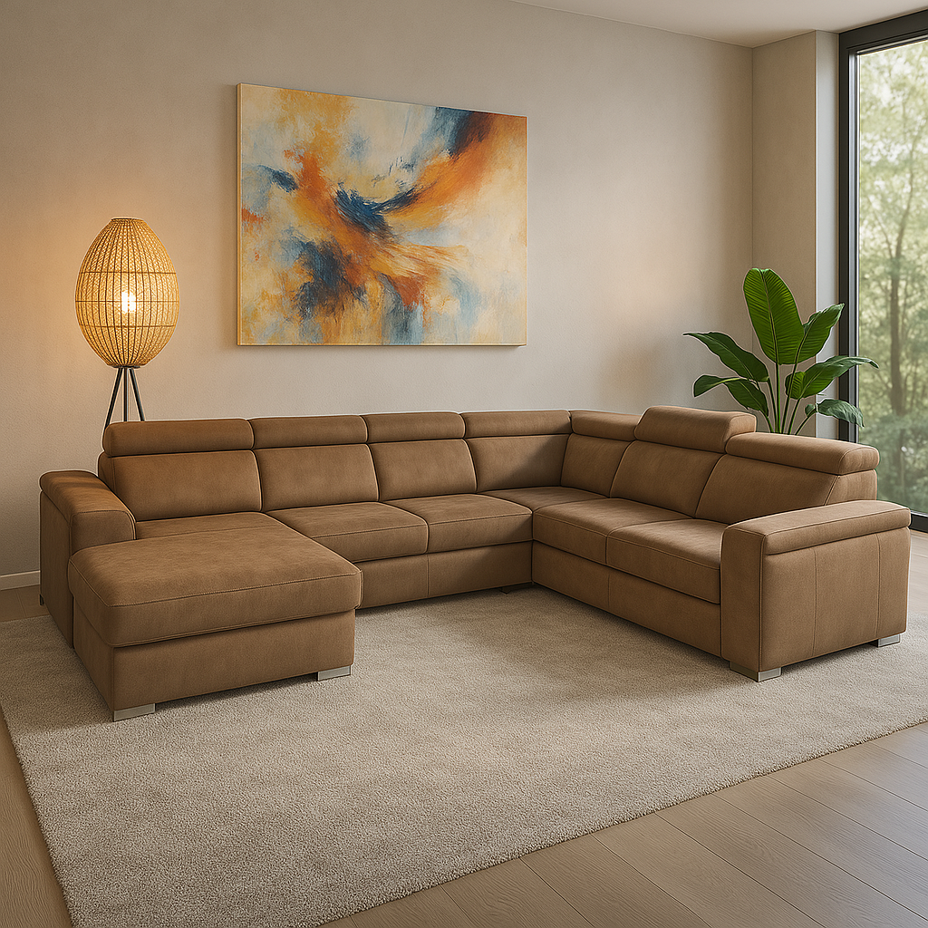 2BM – Canapé d’angle Clara – Gauche – Espace de rangement – ​​Fonction lit – Microfibre marron – 170x338x261cm