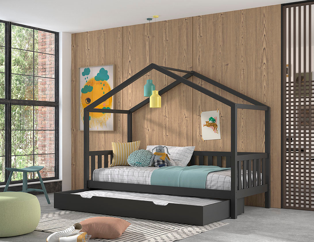Antraciet DALLAS-bed (90x200) met bijpassend rolbed.