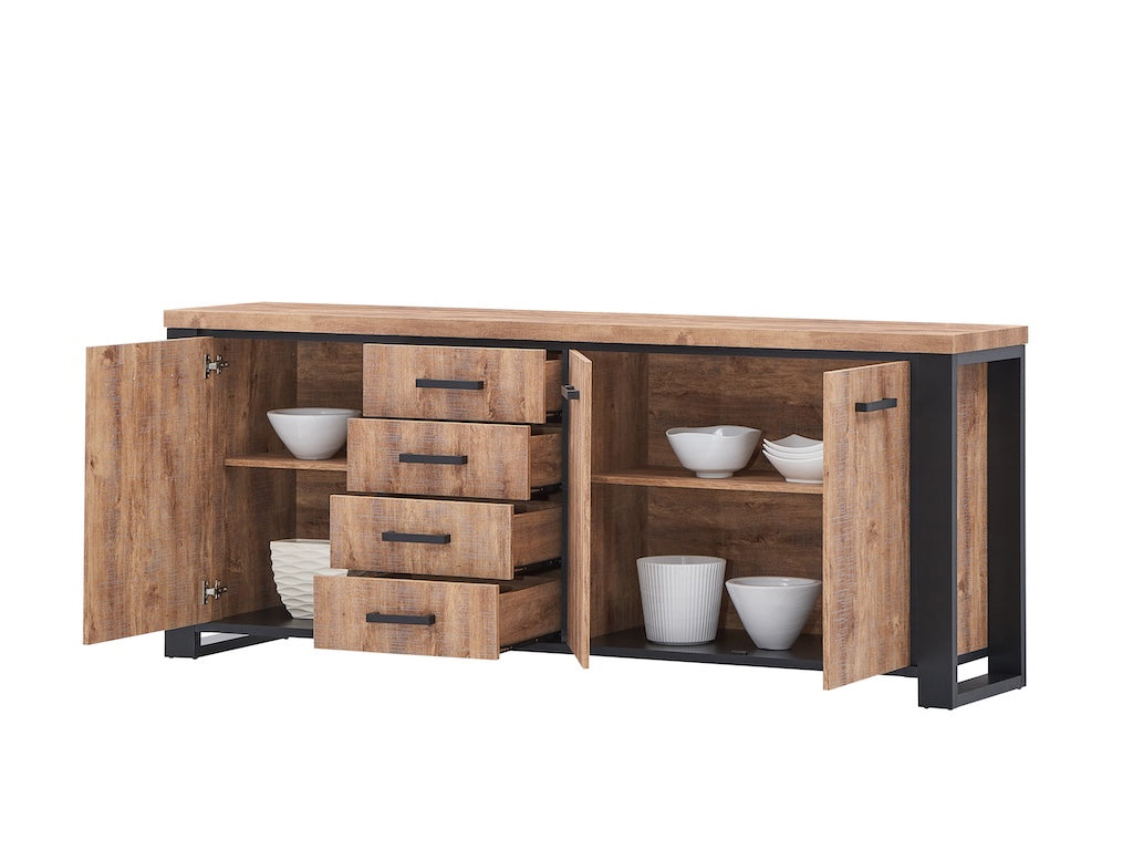 TYC - Eetkamer Osbert - 3-delige set met vitrine - Industrial oak black line