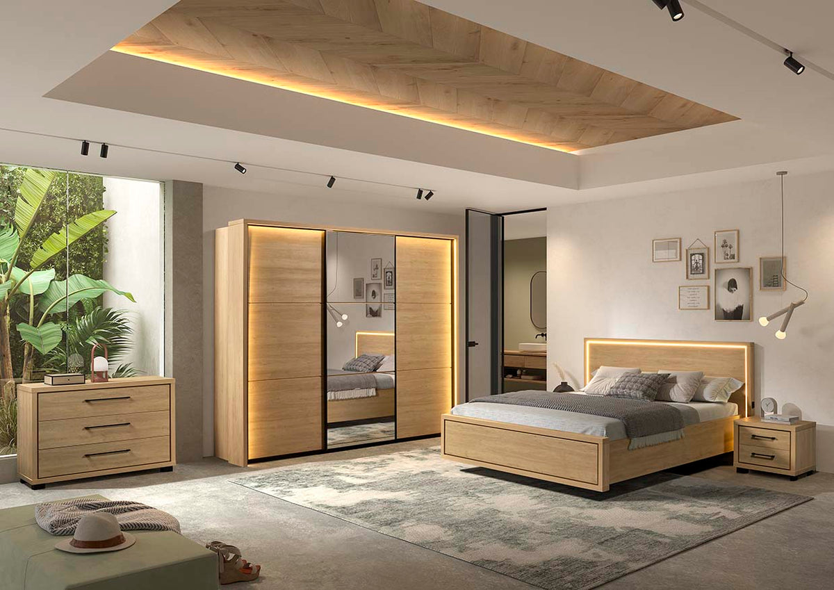 GBO - Ensemble de chambre Udine 2 - Armoire 288cm + Lit 160cm + 2 tables de chevet