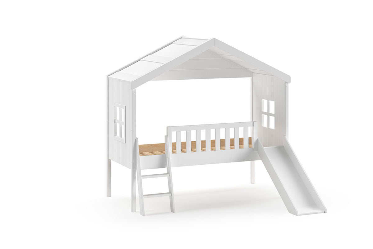 Lit cabane avec échelle et toboggan, blanc *