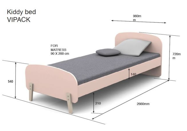 Cette combinaison Kiddy rose comprend un lit (90x200), une table de chevet et un coffre à jouets.