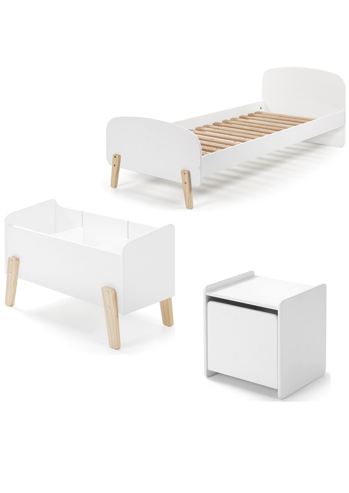 Cette combinaison KIDDY en blanc comprend un lit (90 x 200), une table de chevet et un coffre de jeu.