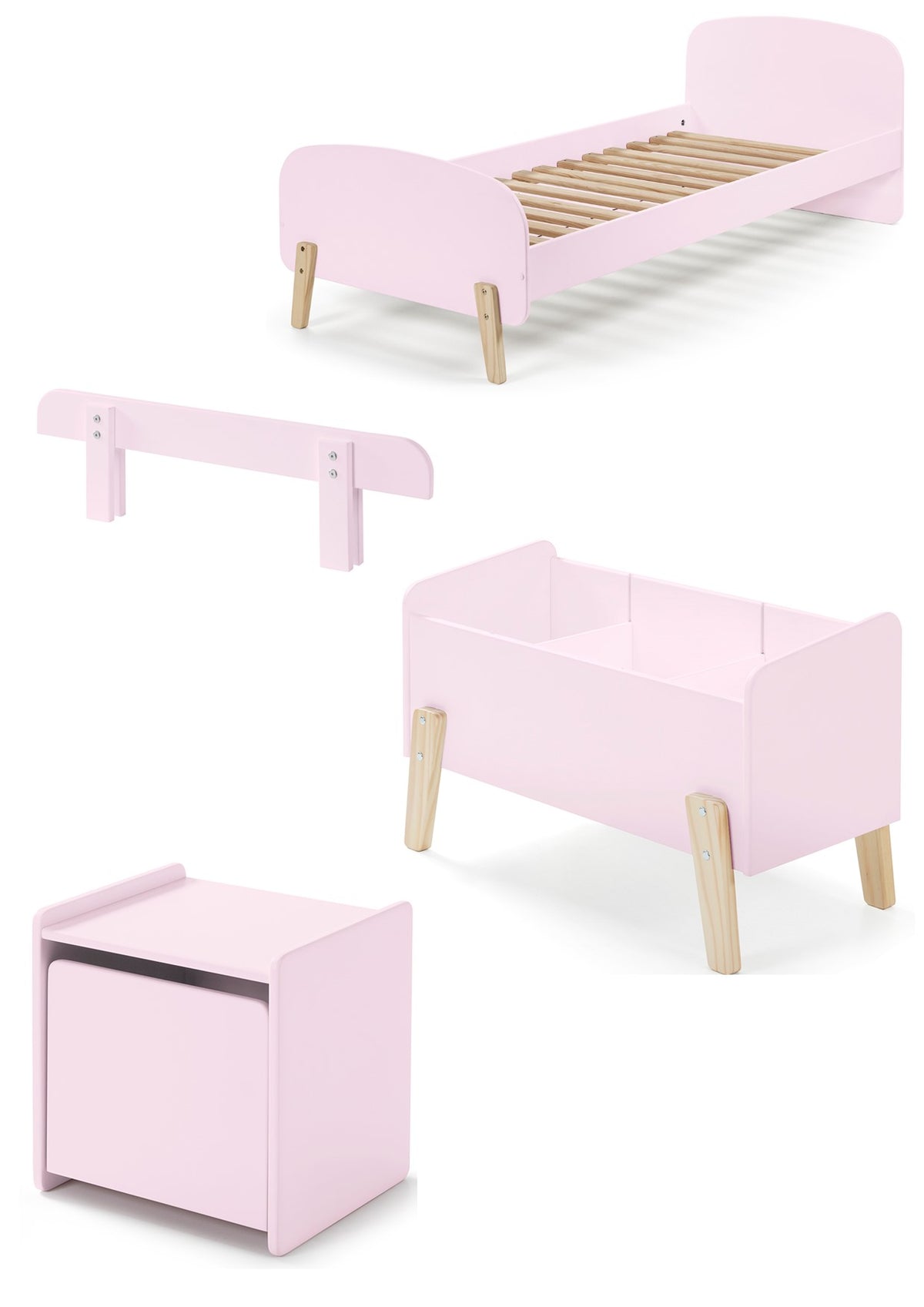 Cette combinaison Kiddy rose comprend un lit (90x200) avec table de chevet, une barrière de lit et un coffre à jouets.