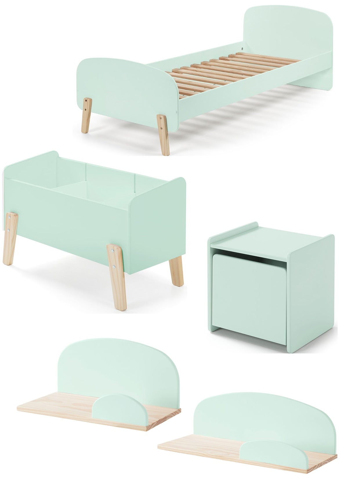 Cette combinaison KIDDY vert menthe se compose d'un lit (90x200) avec table de chevet, de 2 étagères suspendues (45 et 65 cm) et d'un coffre à jouets.
