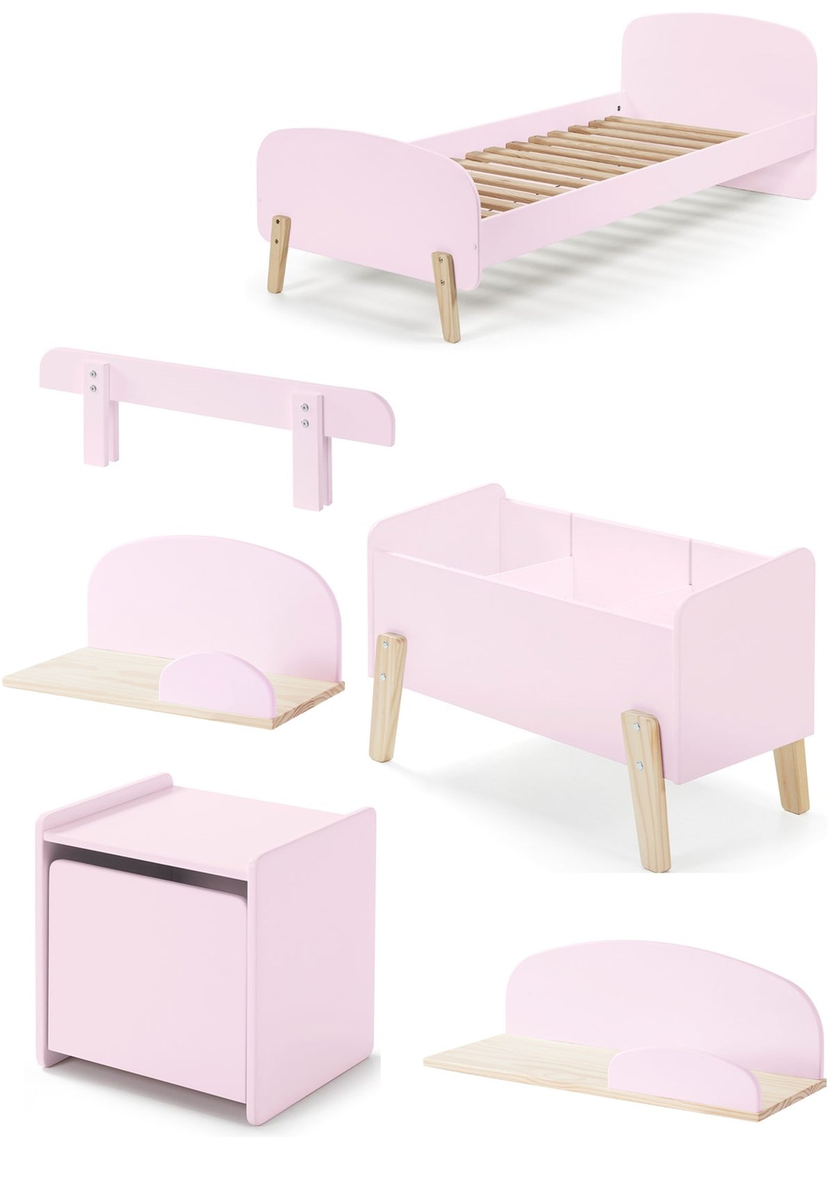 La combinaison rose KIDDY se compose d'un lit (90x200) avec table de chevet, de 2 étagères murales (45 et 65 cm), d'une barrière de sécurité et d'un coffre à jouets.