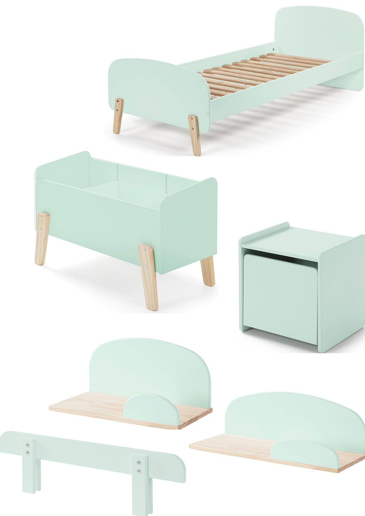 Cette combinaison KIDDY vert menthe se compose d'un lit (90x200) avec table de chevet, de 2 étagères suspendues (45 et 65 cm), d'une barrière de sécurité et d'une malle à jouets.