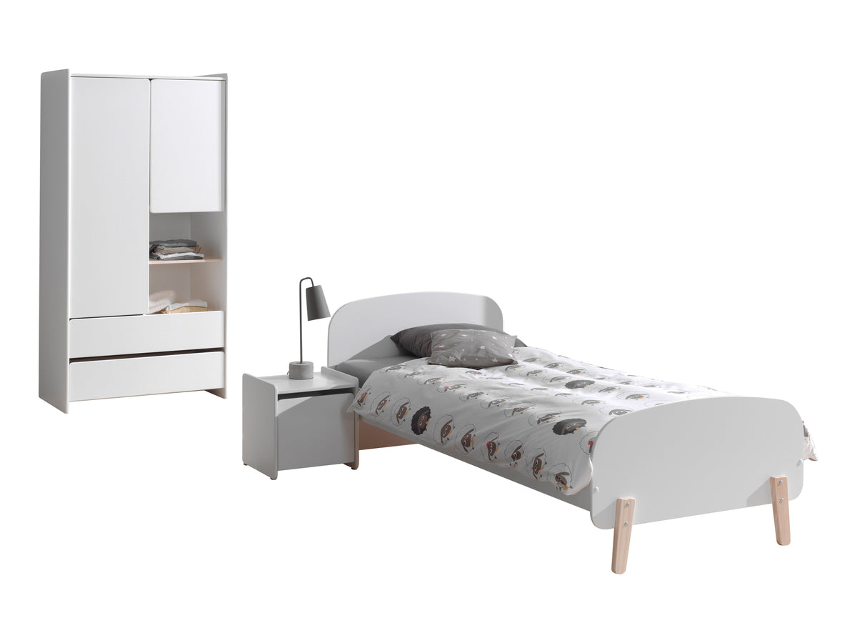 Cet ensemble KIDDY blanc se compose d'un lit (90 x 200 cm) avec table de chevet et d'une armoire 2 portes.