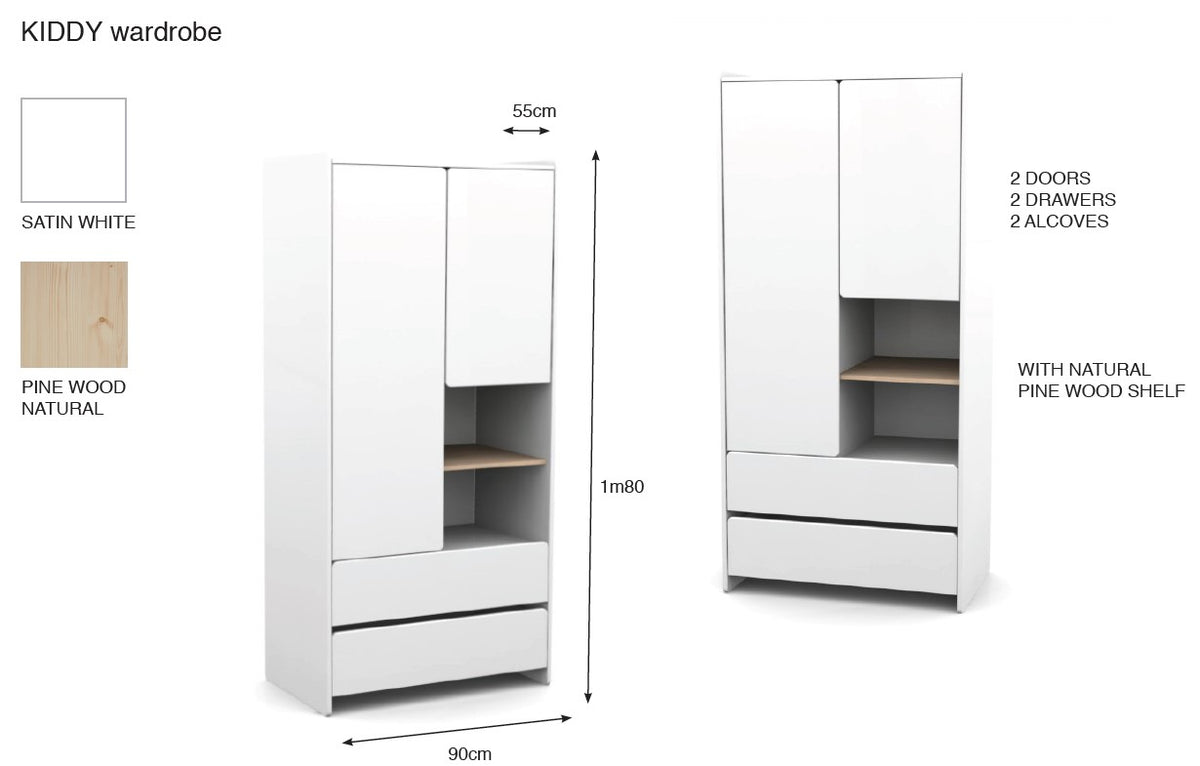 Cet ensemble KIDDY blanc se compose d'un lit (90 x 200 cm) avec table de chevet et d'une armoire 2 portes.
