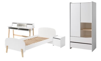 Cette combinaison KIDDY en blanc se compose d'un lit (90x200) avec table de chevet, d'une armoire 2 portes et d'un bureau.