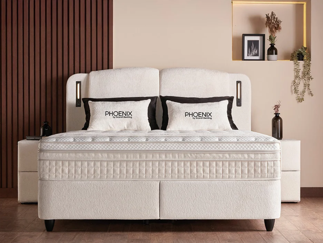 2BM - Sommier Boxspring Phoenix - LED - Espace de rangement - Boucle écrue - 160 x 200 cm