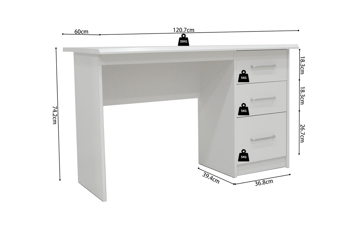 Rousseau - Bureau Mateo 3 lades Wit - 75x121x60 cm