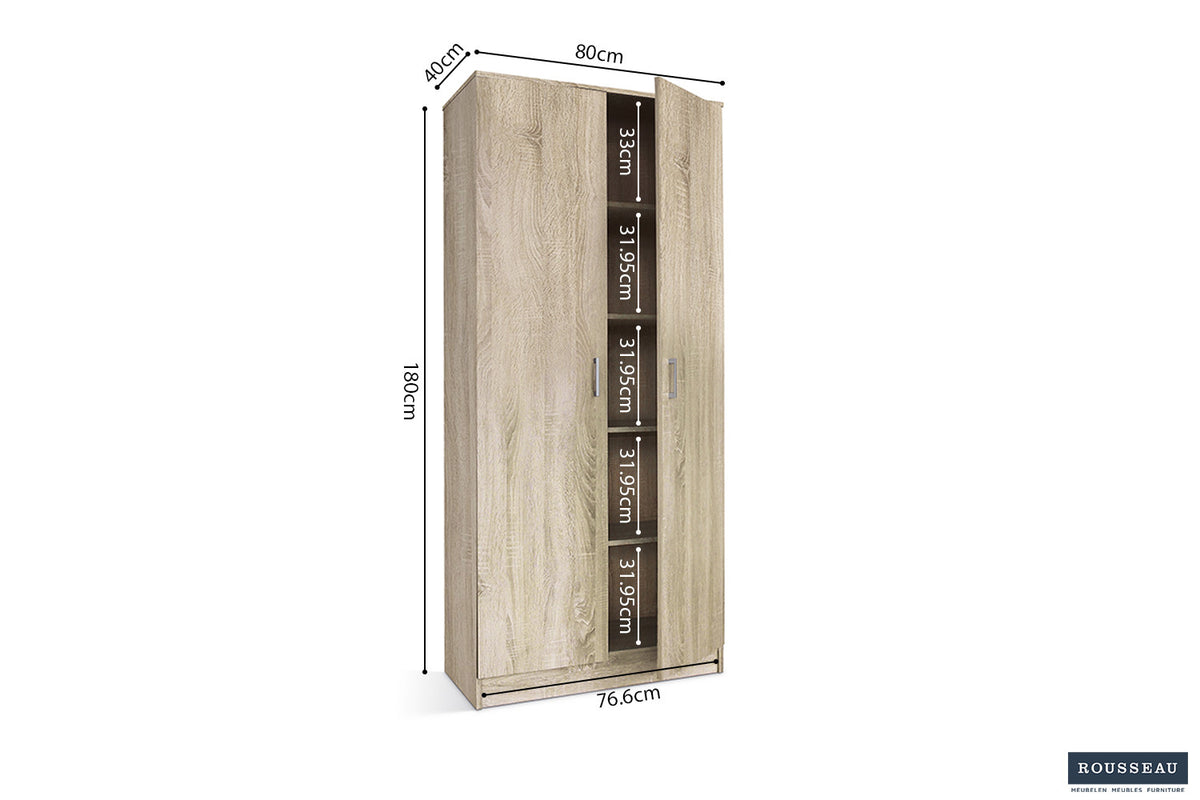 Rousseau - Opbergkast Ray 2 deuren en 4 legplanken Sonoma - 180x80x40 cm
