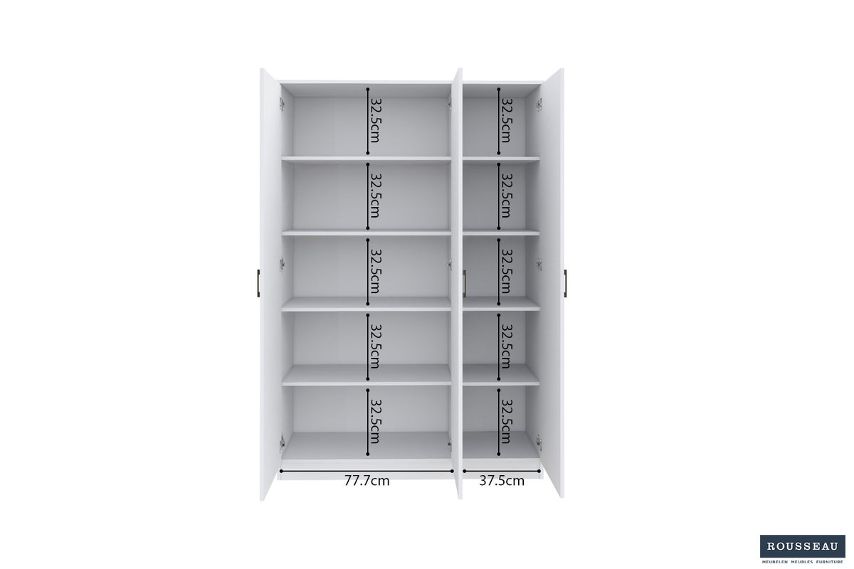 Rousseau - Opbergkast Ray 3 deuren en 4 legplanken Wit - 180x120x40 cm