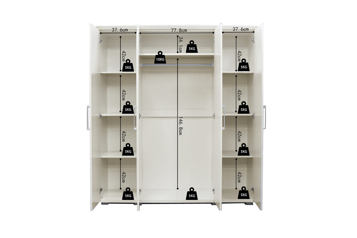 Rousseau - Armoire Mike 4 portes Blanc - 183x160x52 cm