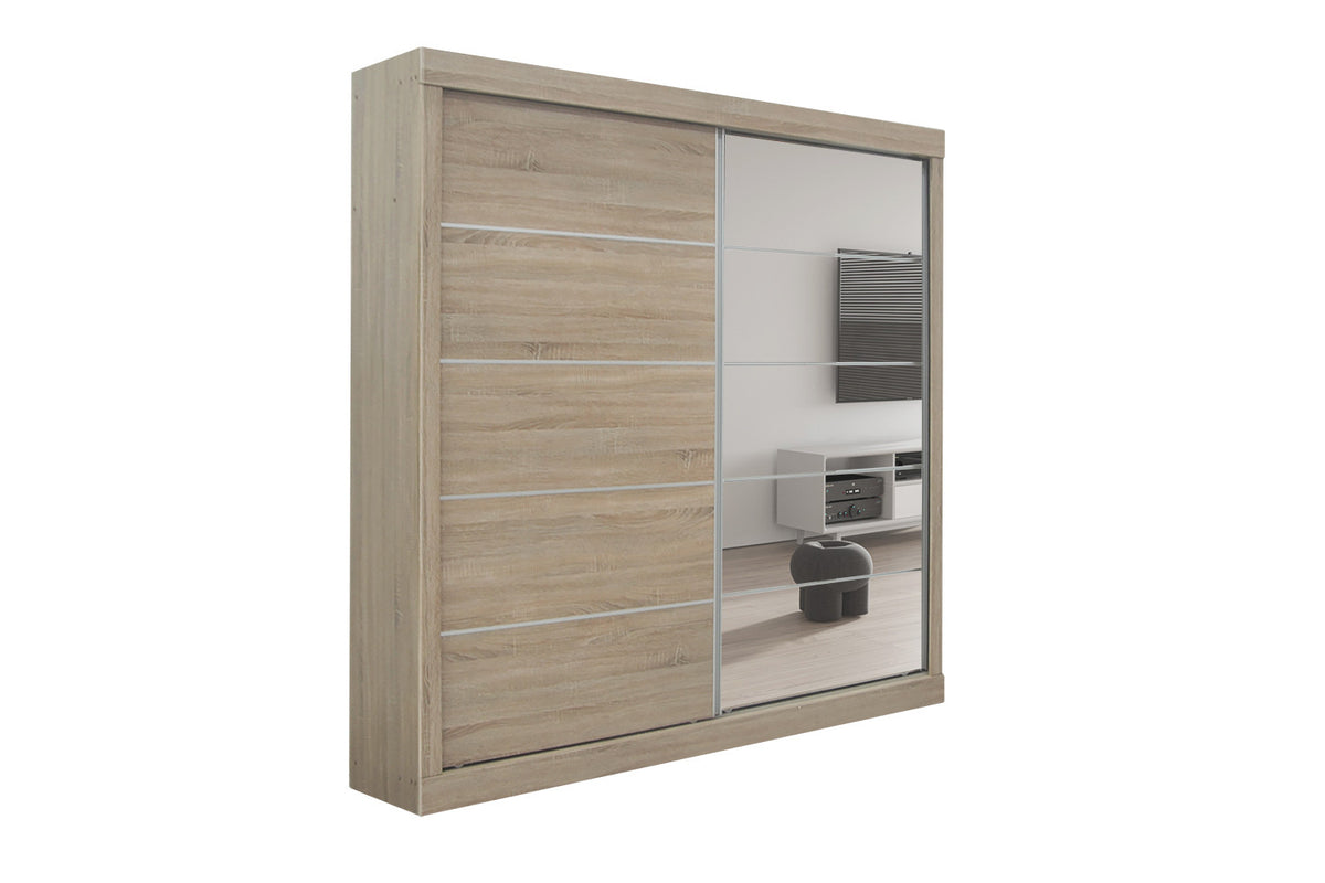 Rousseau - Armoire Mike 2 portes coulissantes, 1 porte miroir Sonoma - 197,5x182,5x52,5 cm