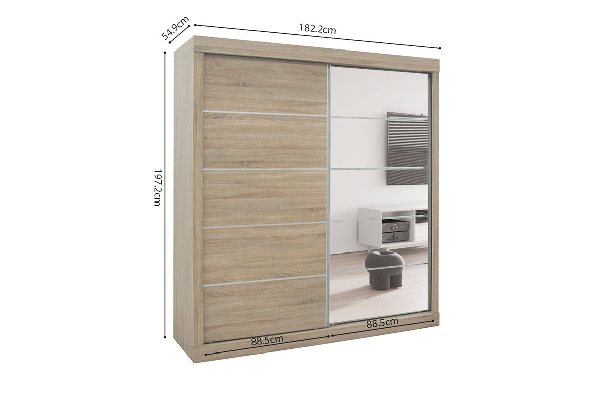 Rousseau - Armoire Mike 2 portes coulissantes, 1 porte miroir Sonoma - 197,5x182,5x52,5 cm