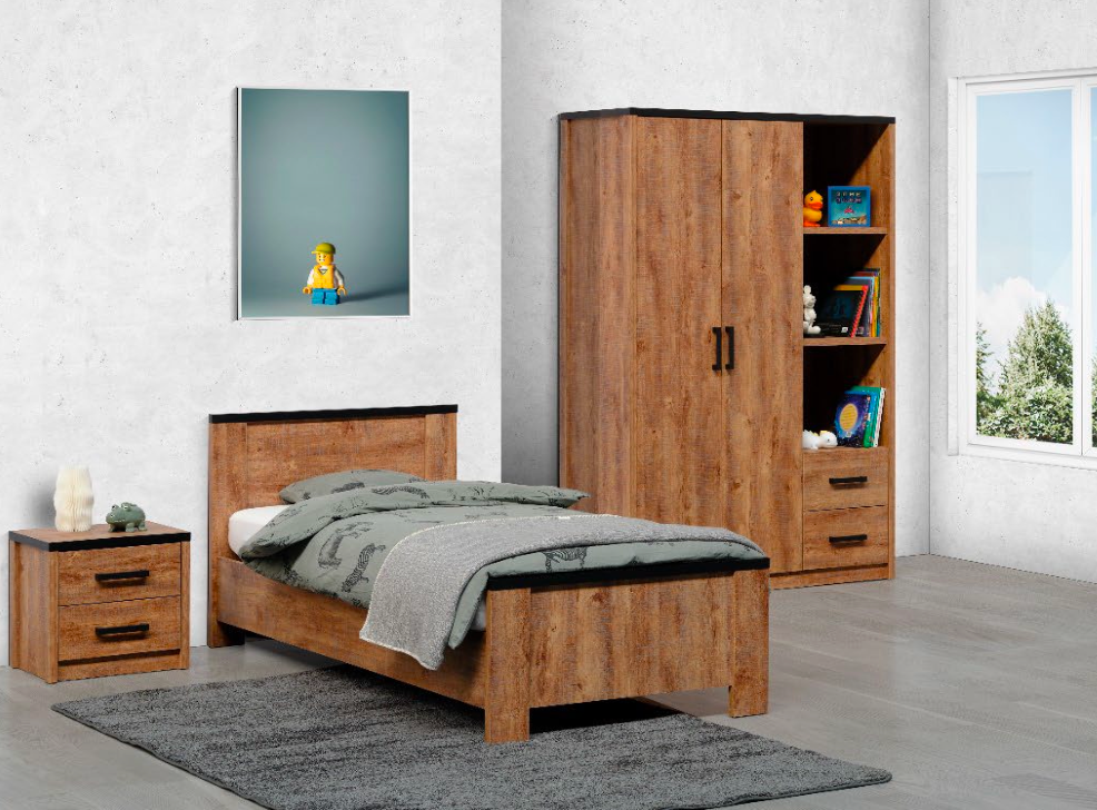 TYC - Chambre pour jeunes Oline - Ensemble 3 pièces avec armoire 2 portes - Chêne industriel - ligne noire