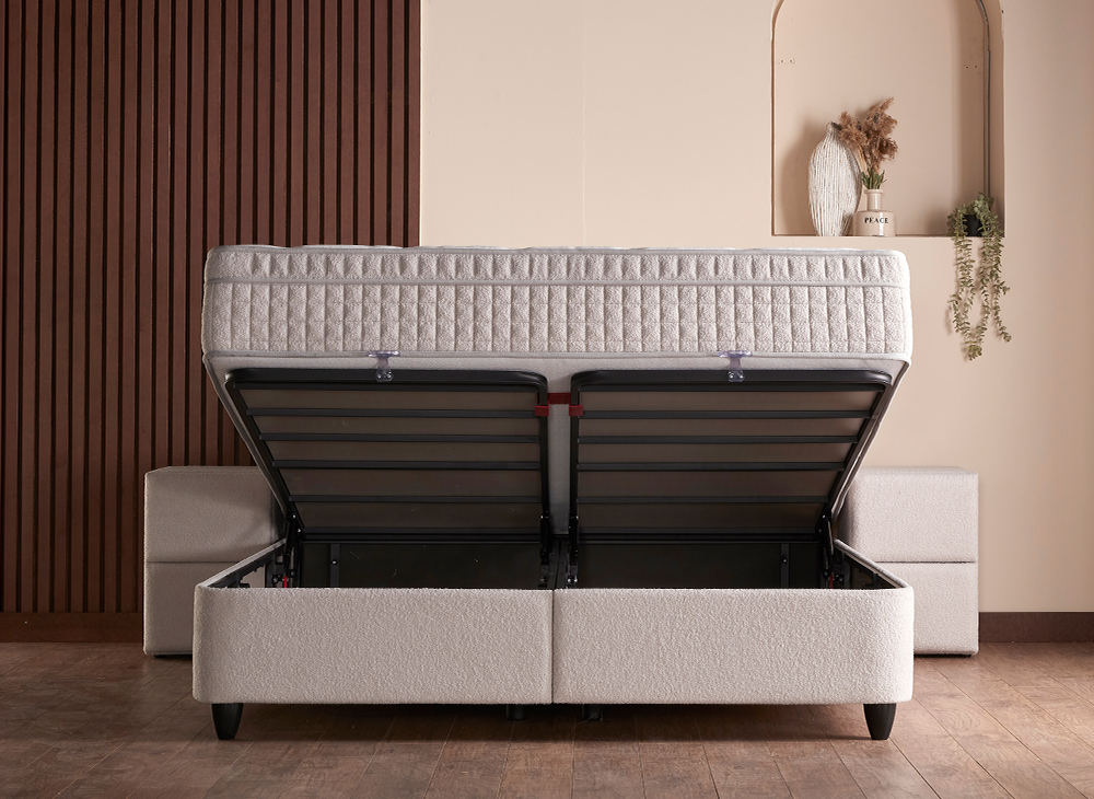 2BM - Boxspring Alice - Espace de rangement - Tissu bouclé écru clair - 140 x 200 cm