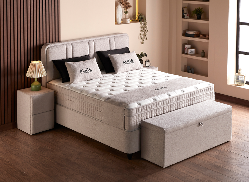 2BM - Boxspring Alice - Espace de rangement - Tissu bouclé écru clair - 140 x 200 cm
