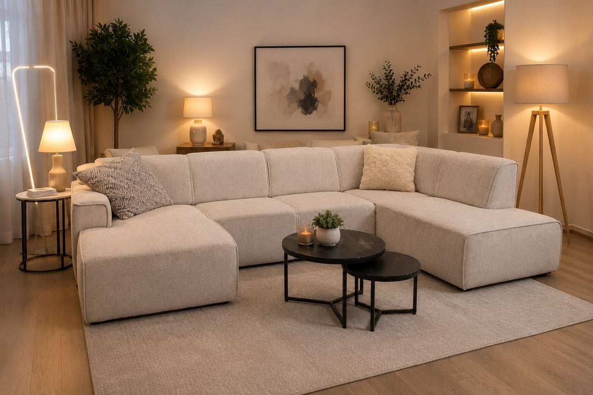 2BM - Salon Billund - Gauche - Forme en U - Velours Beige - 200x345x170 xd92x80h