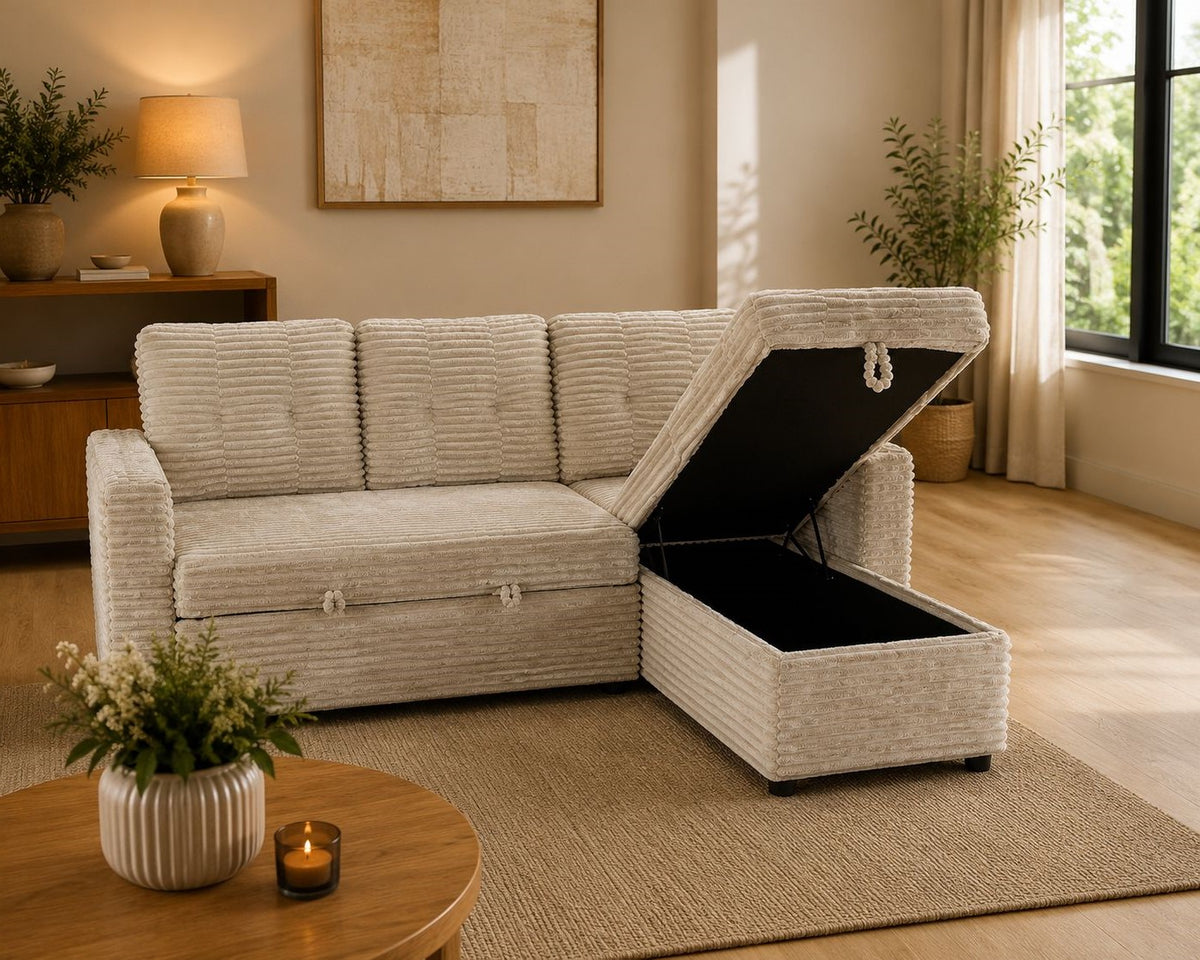 MLM - Canapé d'angle compact Ilia - Angle droit - Fonction lit - Rangement - 205x145cm