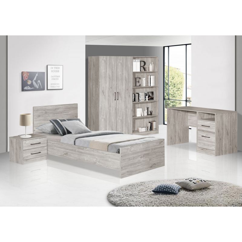 TYC - Chambre à coucher enfant Orfeo - Ensemble 3 pièces avec armoire 2 portes - Chêne gris neuf
