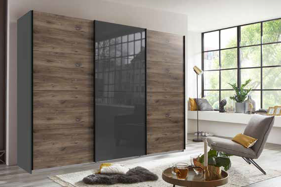 Wimex - Armoire à portes coulissantes Norderstedt - Décor Imitation Chêne Foncé - Verre Gris - 270x64x236cm