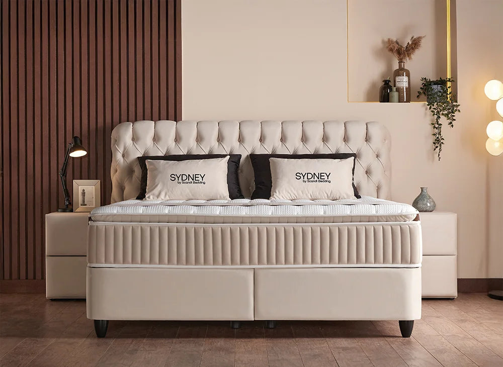 BSP - Lit Boxspring Sydney - Beige - Tissu - 160x200 cm